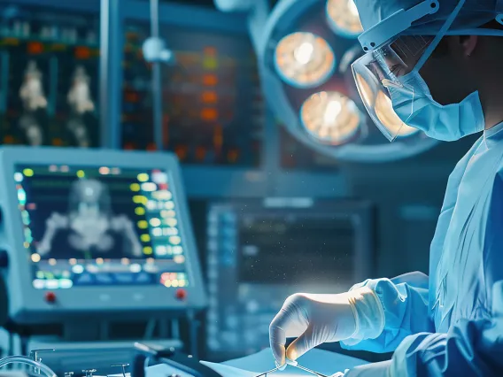 Physician examining a medical image in an operating room