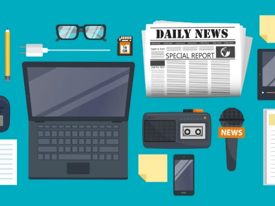 AI generated illustration of journalism tools including a laptop, planner, microphone etc. 