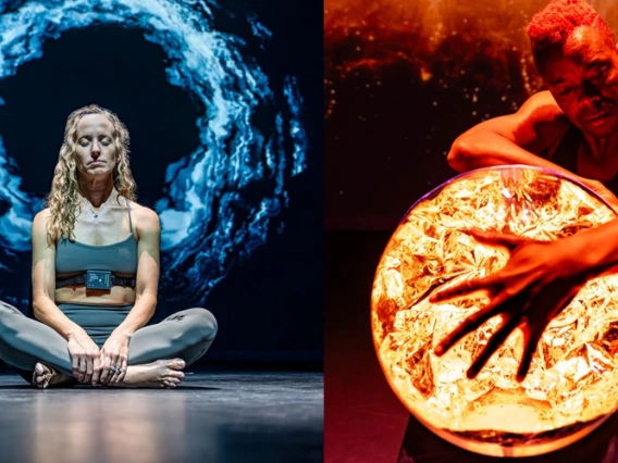 Images of two people performing in the immersive multimedia show EarthScape