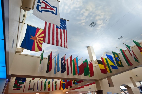 International flags on display at UA BookStores