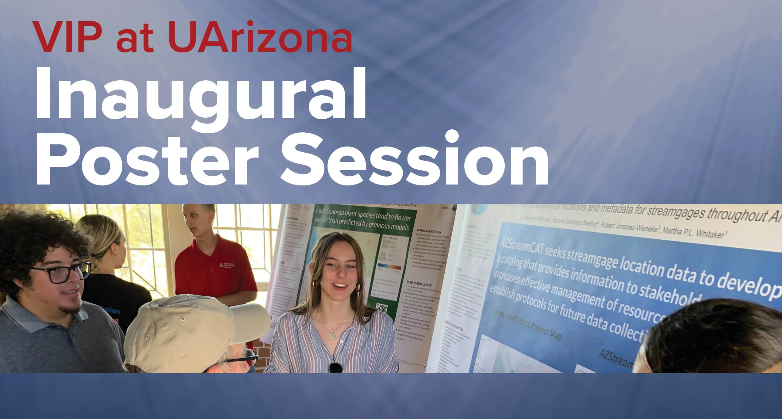 Students interacting with guests at a poster session